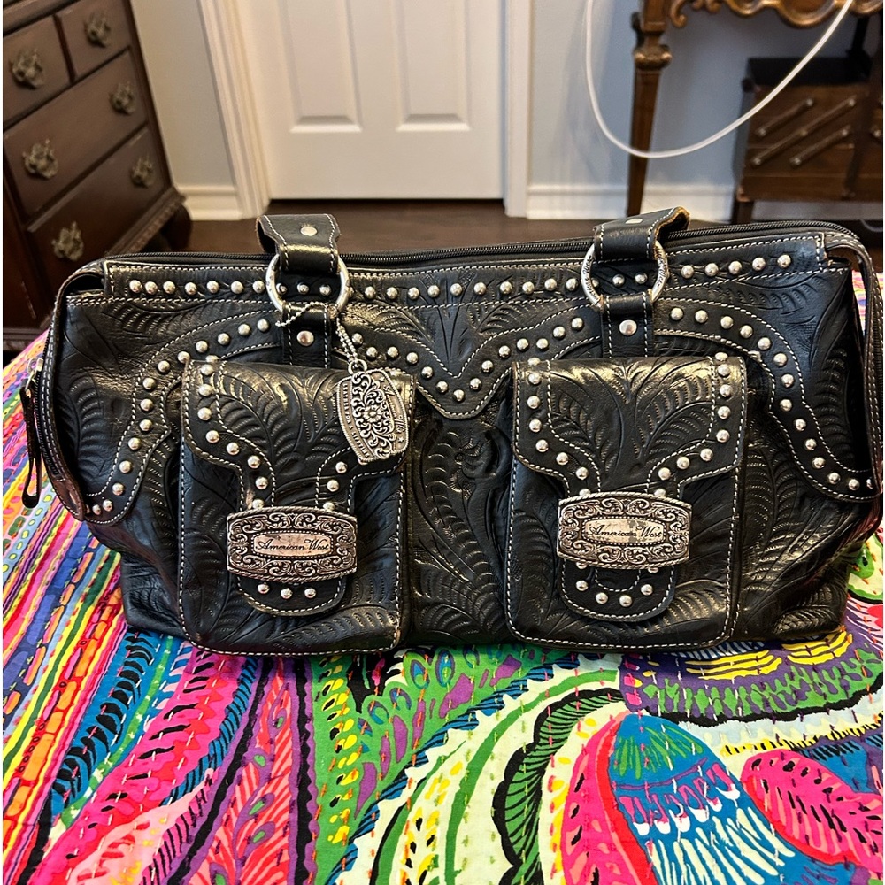American West Black Leather Tooled Purse